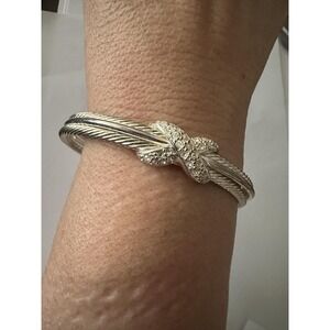 Silver Tone Crystal X Cable Cuff Bracelet Womens 7.5 Inch Pave Statement